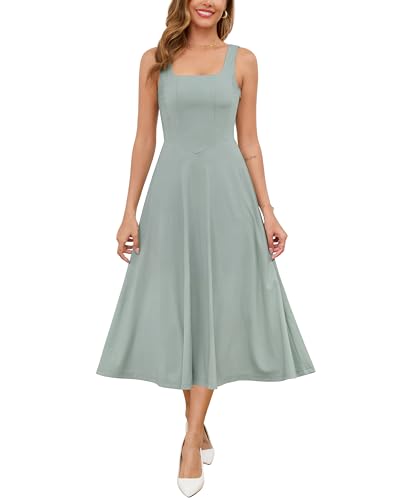 Zattcas Damen 2025 Frühling Sommer Quadratischer Ausschnitt ärmellos fließend Swing Midikleid Hochzeit Gäste Abschlussball Cocktail Party Kleid, Hellgrün, Mittel von Zattcas