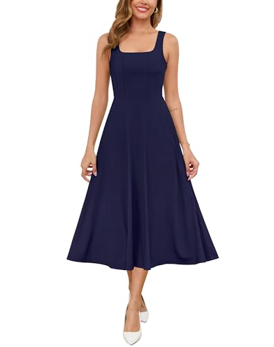 Zattcas Damen 2025 Frühling Sommer Quadratischer Ausschnitt ärmellos fließend Swing Midikleid Hochzeit Gäste Abschlussball Cocktail Party Kleid, Marineblau, Mittel von Zattcas