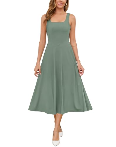 Zattcas Damen 2025 Frühling Sommer Quadratischer Ausschnitt ärmellos fließend Swing Midikleid Hochzeit Gäste Abschlussball Cocktail Party Kleid, Salbeigrün, Mittel von Zattcas