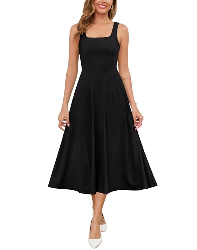 Zattcas Damen 2025 Frühling Sommer Quadratischer Ausschnitt ärmellos fließend Swing Midikleid Hochzeit Gäste Abschlussball Cocktail Party Kleid, Schwarz, Klein von Zattcas