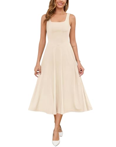Zattcas Damen 2025 Frühling Sommer Quadratischer Ausschnitt ärmellos fließend Swing Midikleid Hochzeit Gäste Abschlussball Cocktail Party Kleid, aprikose, Mittel von Zattcas