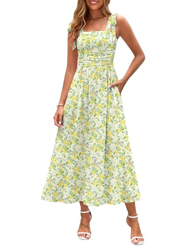 Zattcas Damen-Maxikleid 2025, Spaghettiträger, Blumenmuster, mit Taschen, gesmokt, fließend, lang, Strandurlaub, Sonnenkleider, Zitrone, Mittel von Zattcas