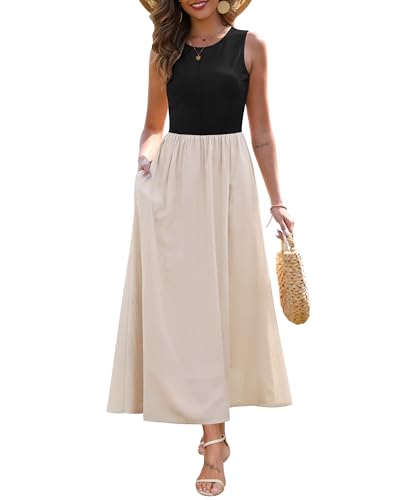 Zattcas Damen Sommer Casual Ärmellos Patchwork Strick Rundhals Tank Top Flowy Lange Maxikleider mit Taschen, Schwarz Apricot, Klein von Zattcas
