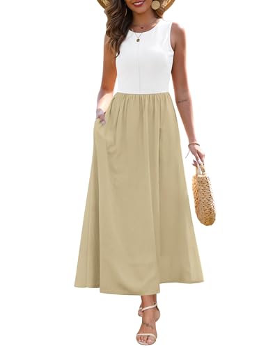 Zattcas Damen Sommer Casual Ärmellos Patchwork Strick Rundhals Tank Top Flowy Lange Maxikleider mit Taschen, Weiß, Klein von Zattcas