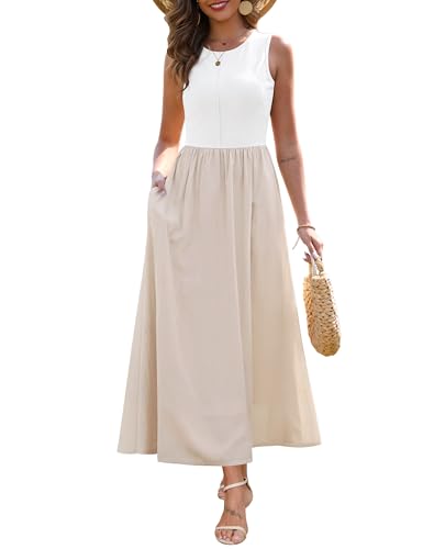 Zattcas Damen Sommer Casual Ärmellos Patchwork Strick Rundhals Tank Top Flowy Lange Maxikleider mit Taschen, Weiß Aprikose, Mittel von Zattcas