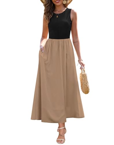 Zattcas Damen Sommer Casual Ärmellos Patchwork Strick Rundhals Tank Top Flowy Lange Maxikleider mit Taschen, schwarz braun, Mittel von Zattcas
