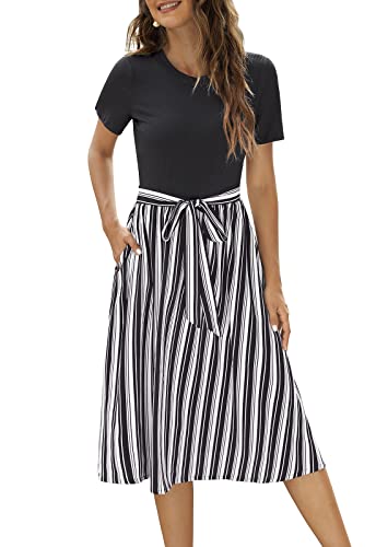 Zattcas Damen-Sommerkleid, kurzärmelig, gerippt, für Lehrer, Kirche, bescheiden, lässig, Business, Arbeit, Midi-Kleid mit Taschen, 2-schwarz gestreift, Groß von Zattcas