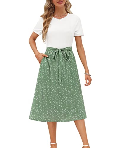 Zattcas Damen Sommerkleid Kurzarm Gerippt Lehrer Kirche Bescheiden Freizeit Business Arbeit Outfits Midikleid mit Taschen, Weiß-Grün, Mittel von Zattcas