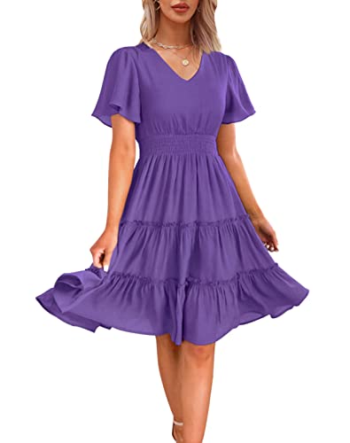 Zattcas Frauen 2023 Langarm Herbst Kleider V-Ausschnitt Gesmokte Taille Casual Flowy A Linie Tiered Arbeit Midi Kleid, Violett, Mittel von Zattcas