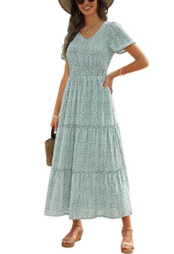 Zattcas Langes Damen-Sommerkleid 2025, kurze Flatterärmel, V-Ausschnitt, lässig, gesmokt, gestuft, schlichtes Blumenmuster, Boho-Maxikleid, F-light Grün, Mittel von Zattcas
