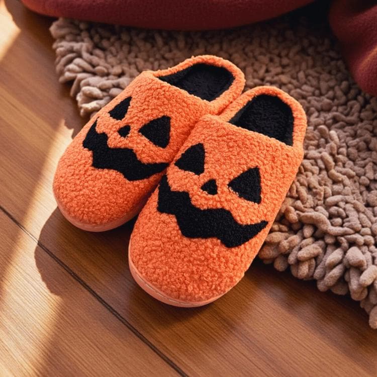 Halloween Hausschuhe Orange - Flauschige Plüschslipper Mit Kürbismotiv Halloween Hausschuhe Orange - Flauschige Plüschslipper Mit Kürbismotiv von ZauberMerch