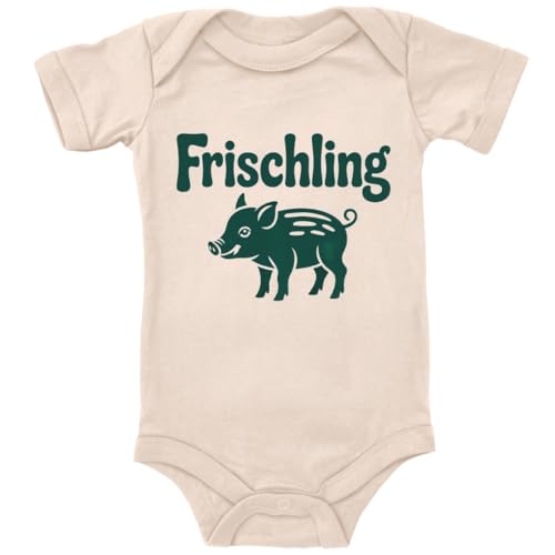ZauberPrints Baby Body in Natur Frischling Wildschwein baby Spruch Geschenk zur Geburt zum Geburtstag für Kleinkind Kurzarm Bio Baumwolle von ZauberPrints