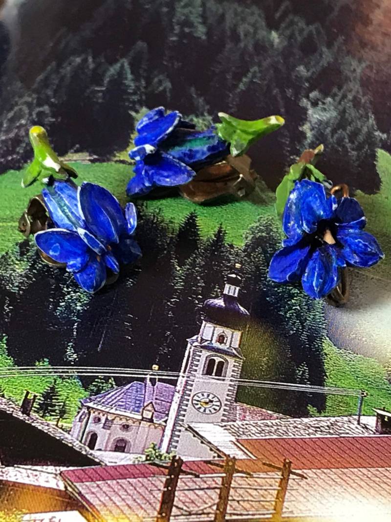 Handgefertigt Altes Enzian Schmuckset Brosche Ohrklips Traditionell Berge von ZauberhaftMarvelous