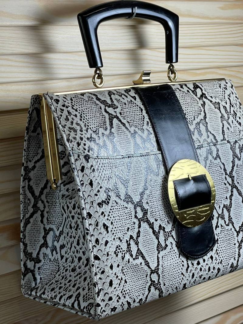 Handtasche Vintage Kunstleder Börse Handbag Sac Schwarz-Weiß Goldfarben von ZauberhaftMarvelous