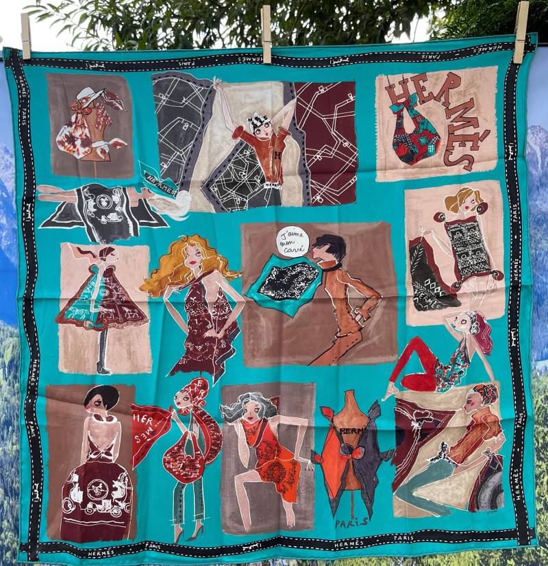 Hermes Seidentuch Türkis J Aime Mon Carre For Colette Paris Design Saw Keng Gesucht Selten Rare & Sought After 70 cm von ZauberhaftMarvelous