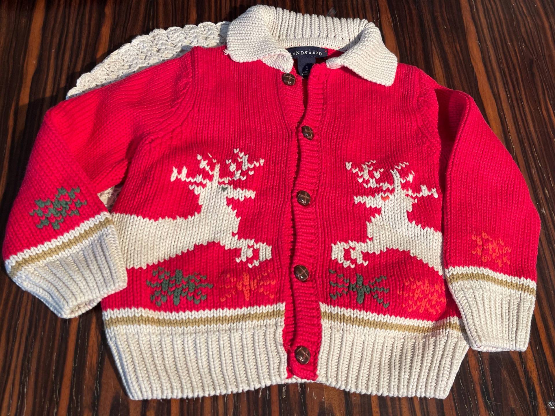 Lands End Strickjacke Sz 4 Hirsch Rentier Erdbeerrot Kragen Gestrickt Baumwolle von ZauberhaftMarvelous