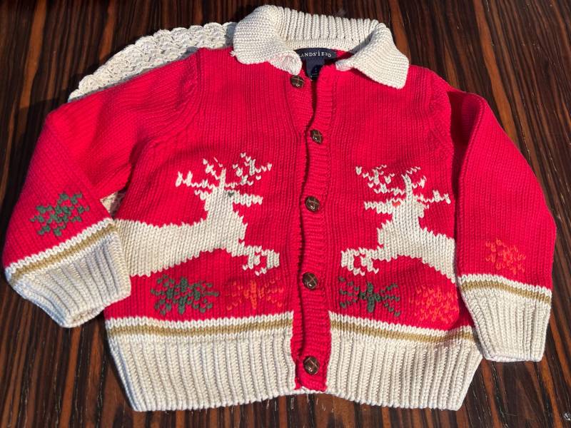 Lands End Strickjacke Sz 4 Hirsch Rentier Erdbeerrot Kragen Gestrickt Baumwolle von ZauberhaftMarvelous