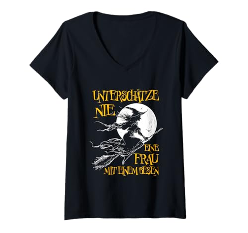 Damen Unterschätze Nie Eine Frau Mit Einem Besen Halloween Hexen T-Shirt mit V-Ausschnitt Damen Unterschätze Nie Eine Frau Mit Einem Besen Halloween Hexen T-Shirt mit V-Ausschnitt von Zauberhafte Hexenmotive für Damen