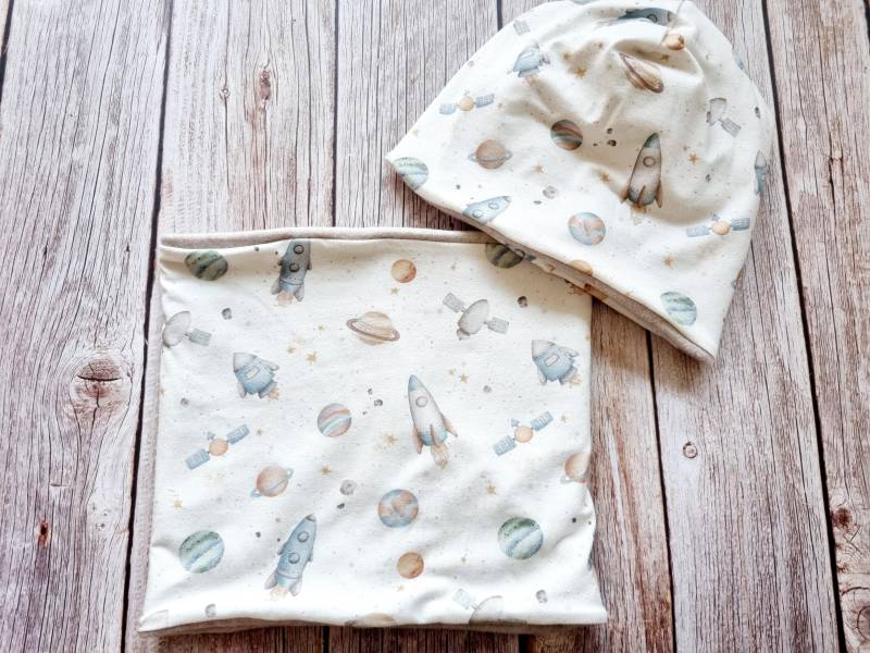 Jungen Loopschal Biobaumwollfleece Halstuch Schal Beanie Weltall von Zauberherzchen