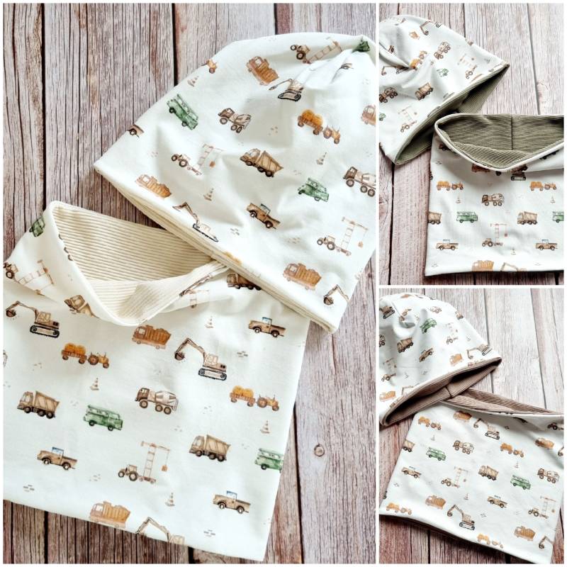 Jungen Loopschal Halstuch Schal Beanie Baustelle Bagger Creme von Zauberherzchen