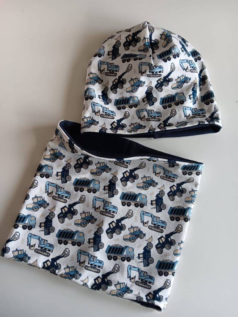 Loopschal Beanie Jungen Kinder Baustelle Blau von Zauberherzchen