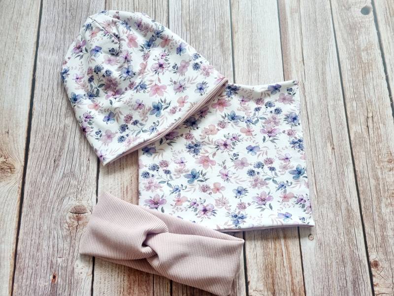 Loopschal Beanie Mädchen Kinder Blümchen Altrosa Lila von Zauberherzchen