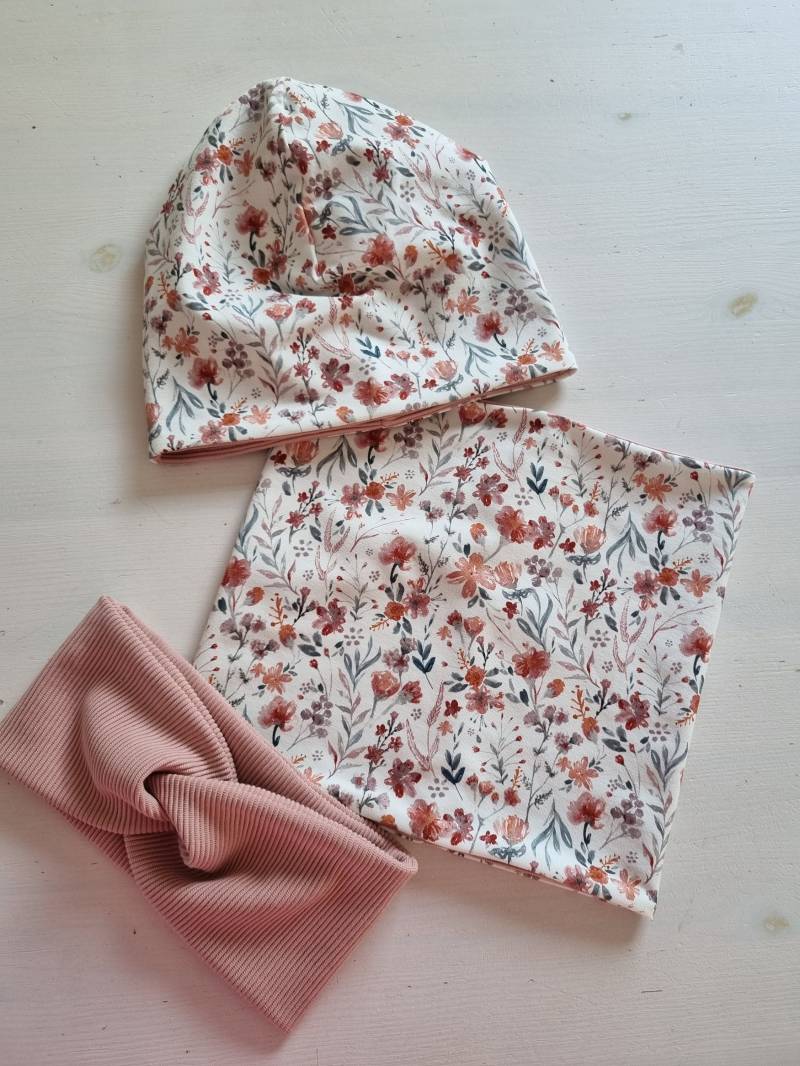 Loopschal Beanie Mädchen Kinder Blümchen Rosa von Zauberherzchen