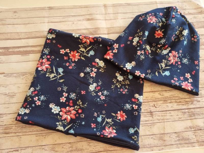 Loopschal Beanie Mädchen Kinder Blumen Marine von Zauberherzchen