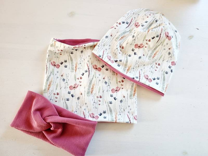 Loopschal Beanie Mädchen Kinder Blumen Mohnblumen Himbeer von Zauberherzchen