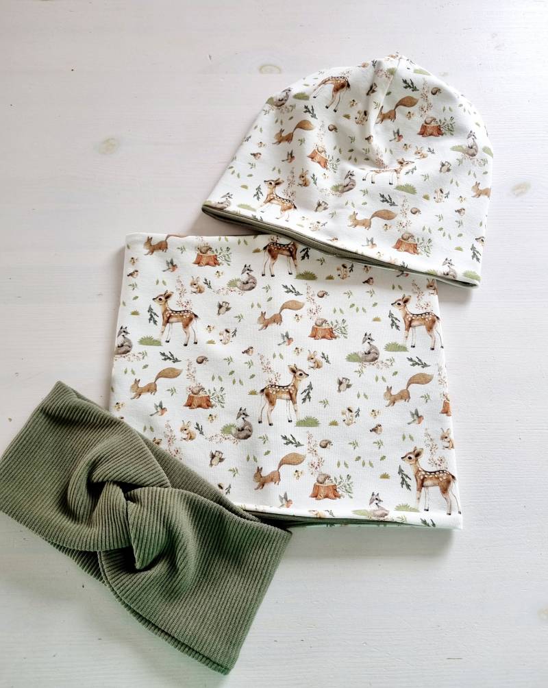 Loopschal Beanie Mädchen Kinder Waldtiere Khaki von Zauberherzchen