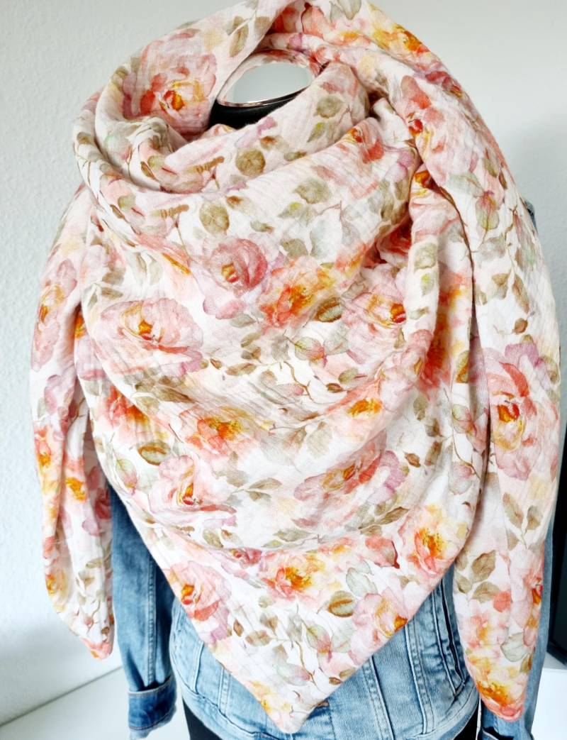 Musselin Xxl Halstuch Damen Dreieckstuch Blumen von Zauberherzchen