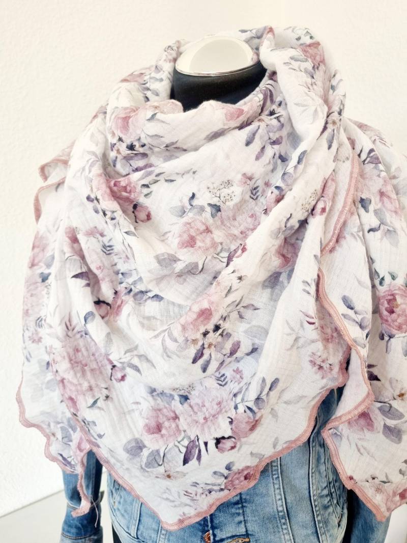 xxl Halstuch Damen Dreieckstuch Musselintuch Blumen Eukalyptus von Zauberherzchen