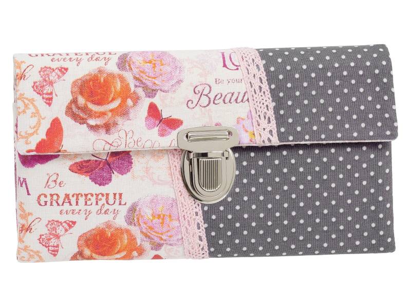 Damen Geldbörse Börse Portemonnaie Unikat Steckverschluss Stoff Blumen Schmetterlinge Punkte Grau Weiß von ZaubernadelNDH