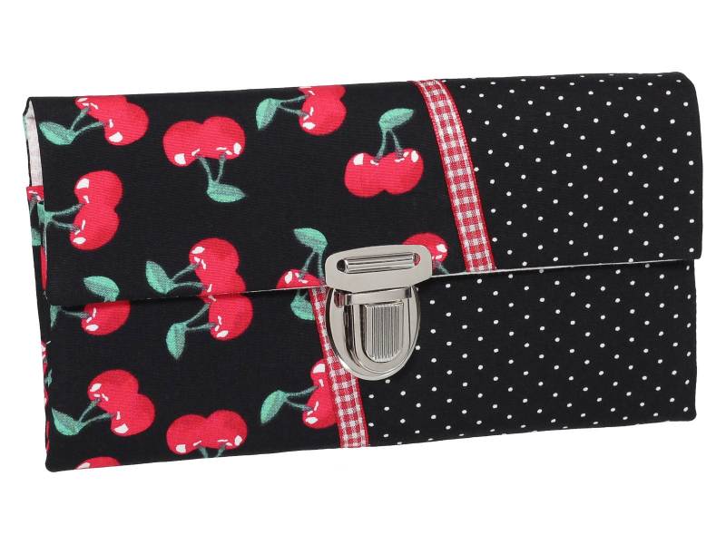 Damen Geldbörse Börse Portemonnaie Unikat Steckverschluss Stoff Kirschen Schwarz Rot von ZaubernadelNDH