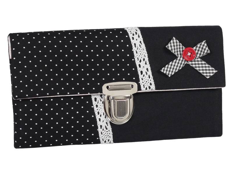 Damen Geldbörse Börse Portemonnaie Unikat Steckverschluss Stoff Punkte Spitze Schwarz Weiß von ZaubernadelNDH