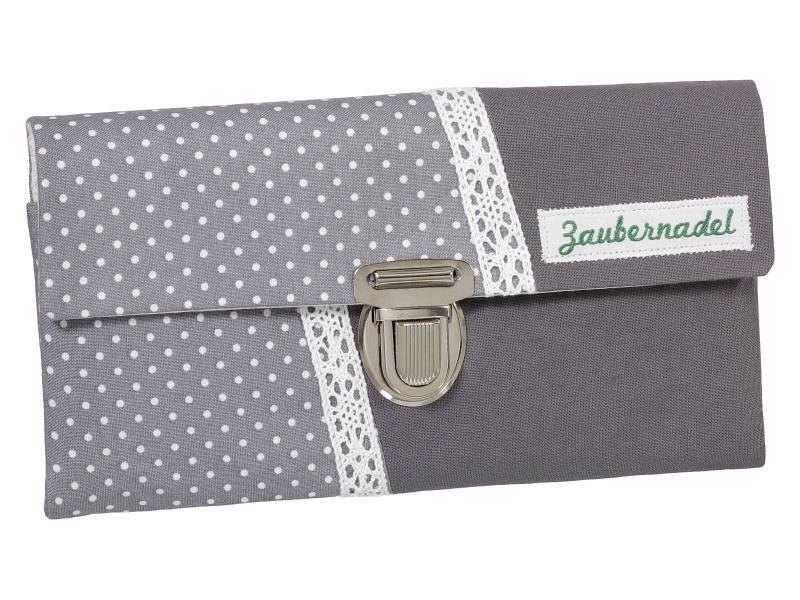 Damen Geldbörse Börse Portemonnaie Unikat Steckverschluss Stoff Punkte Spitze Weiß Grau von ZaubernadelNDH