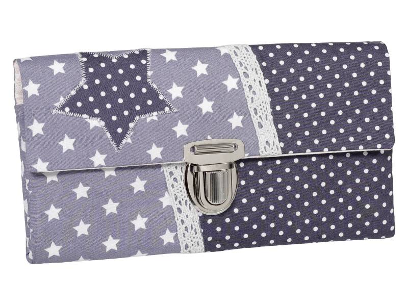Damen Geldbörse Börse Portemonnaie Unikat Steckverschluss Stoff Sterne Punkte Spitze Weiß Grau von ZaubernadelNDH