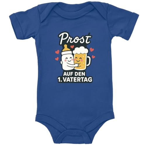 ZauberPrints Baby Body in Blau Prost auf den 1. Vatertag – Lustiges Babyflasche-&-Bier-Design Spruch Geschenk für den Papa für Kleinkind Kurzarm Bio Baumwolle von ZauberPrints