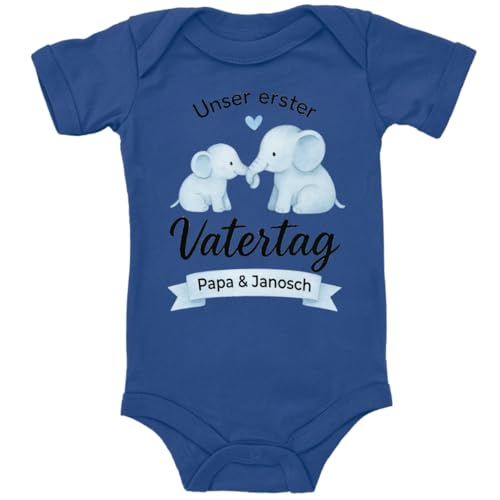 ZauberPrints Baby Body in Blau Unser erster Vatertag – Zärtliches Elefanten-Papa-&-Baby-Motiv Spruch Geschenk für den Vater für Kleinkind Kurzarm Bio Baumwolle von ZauberPrints