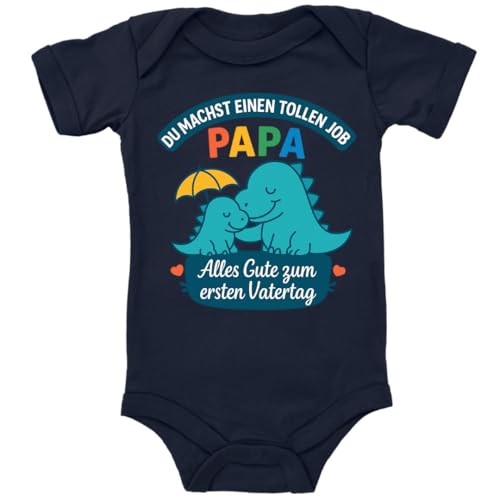 ZauberPrints Baby Body in Dunkelblau Alles Gute zum ersten Vatertag – Papa & Kind Dino-Design Spruch Geschenk zum Herrentag für den Vaterfür Kleinkind Kurzarm Bio Baumwolle von ZauberPrints