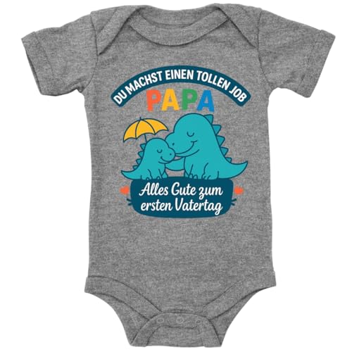 ZauberPrints Baby Body in Grau meliert Alles Gute zum ersten Vatertag – Papa & Kind Dino-Design Spruch Geschenk zum Herrentag für den Vaterfür Kleinkind Kurzarm Bio Baumwolle von ZauberPrints