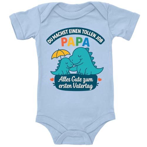 ZauberPrints Baby Body in Hellblau Alles Gute zum ersten Vatertag – Papa & Kind Dino-Design Spruch Geschenk zum Herrentag für den Vaterfür Kleinkind Kurzarm Bio Baumwolle von ZauberPrints