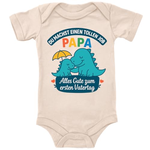 ZauberPrints Baby Body in Natur Alles Gute zum ersten Vatertag – Papa & Kind Dino-Design Spruch Geschenk zum Herrentag für den Vaterfür Kleinkind Kurzarm Bio Baumwolle von ZauberPrints