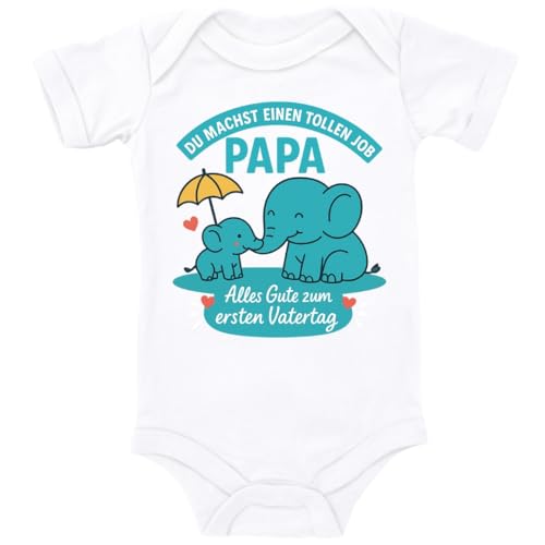 ZauberPrints Baby Body in Weiß Alles Gute zum ersten Vatertag – Süßes Papa-&-Baby-Elefanten-Design Spruch Geschenk für den Vater für Kleinkind Kurzarm Bio Baumwolle von ZauberPrints