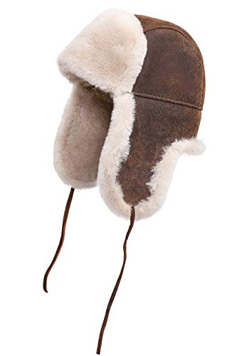 Zavelio Shearling Schaffell-Leder-Fliegermütze Russische Uschanka Trapper Winter Fellmütze, Vintage Beige, XX-Large von Zavelio