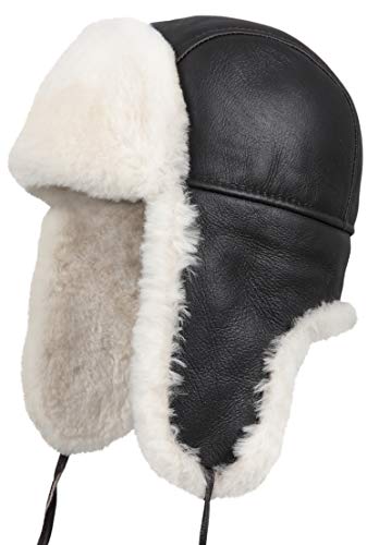 Zavelio Unisex Shearling Schaffell Leder Aviator Russische Ushanka Trapper Winter Fellmütze, Braun / Beige, 56 von Zavelio