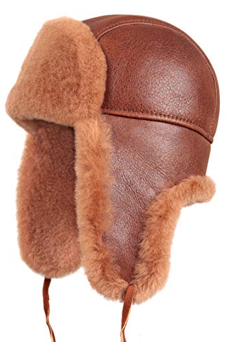 Zavelio Unisex Shearling Schaffell Leder Aviator Russische Ushanka Trapper Winter Fellmütze, Peach Brown, 60 von Zavelio