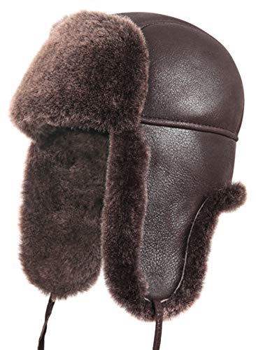 Zavelio Unisex Shearling Schaffell Leder Aviator Russische Ushanka Trapper Winter Fellmütze, braun, 58 von Zavelio