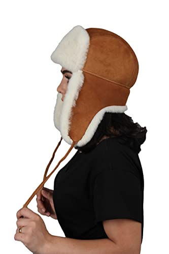 Zavelio Unisex Shearling Schaffell Leder Aviator Russische Ushanka Trapper Winter Fellmütze, cognac, 60 von Zavelio