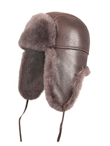 Zavelio Unisex Shearling Schaffell Leder Aviator Russische Ushanka Trapper Winter Fellmütze von Zavelio